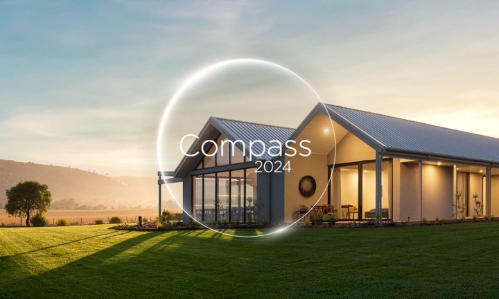 Compass 2024 web banner with a house with a COLORBOND roof and a lawn in front